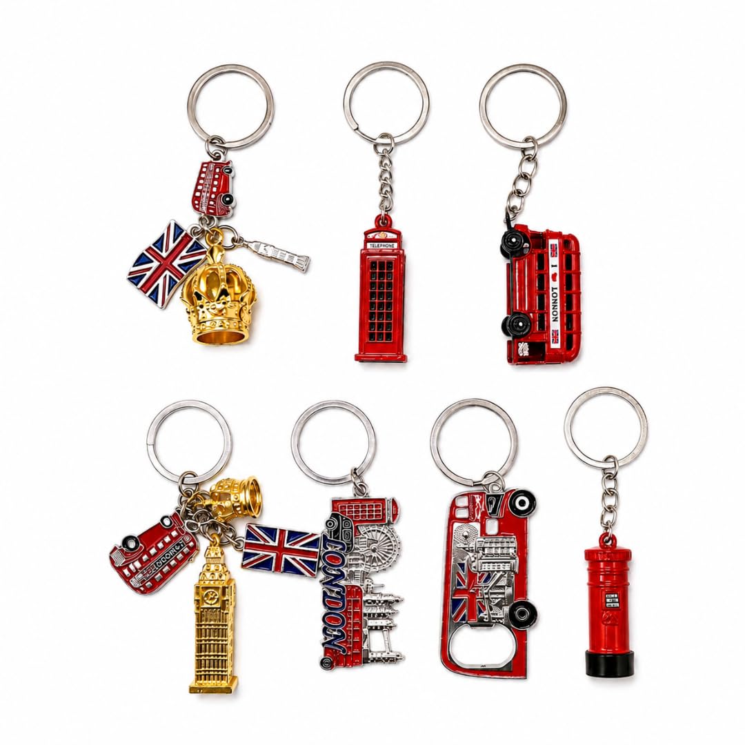 London Souvenir Keyrings 7 Pack, UK Keychains Gift Set for Men Women Kids, Metal Enamel British Travel Gifts with Big Ben, Red Bus, Telephone Box, Union Jack, Crown & Post Box Charms