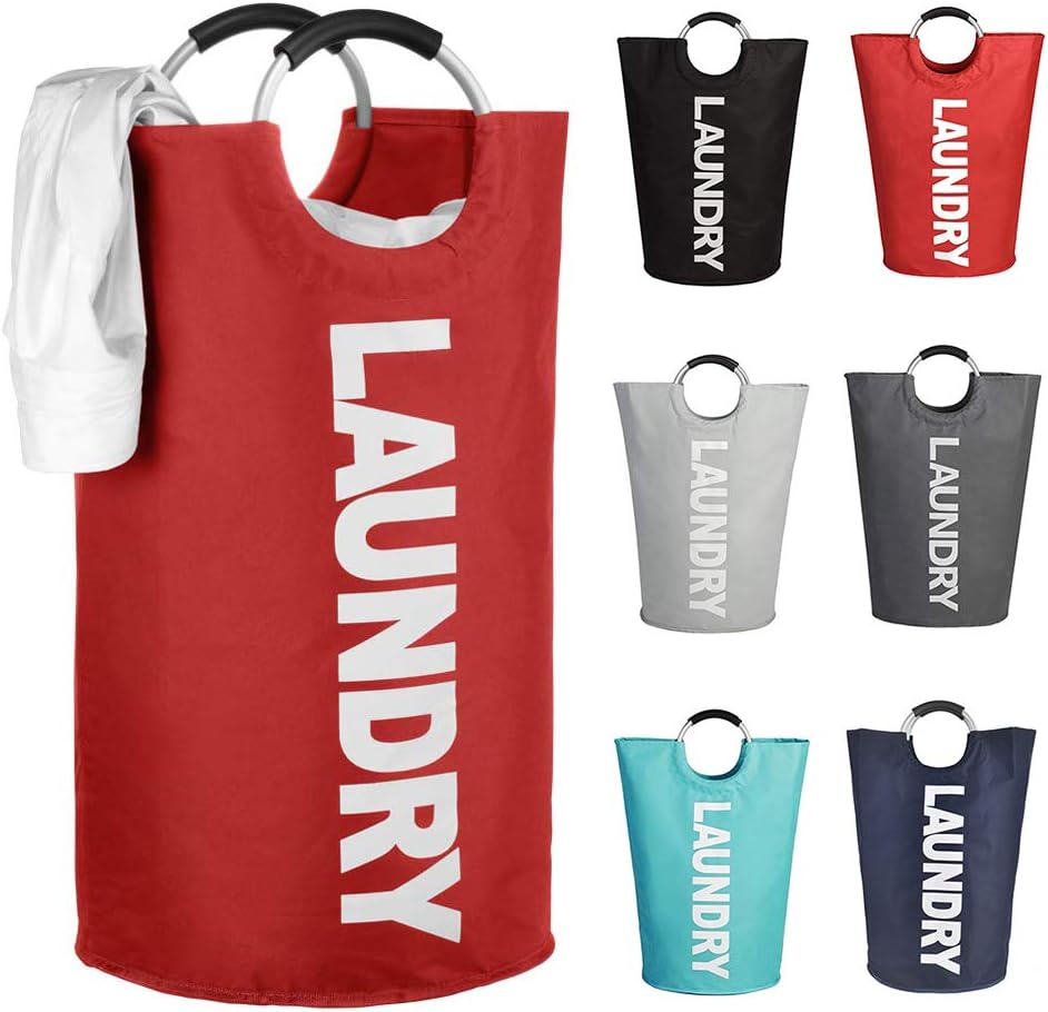 Mziart Thicken Laundry Bag Hamper Tote with Alloy Handles, Heavy Duty and Durable Canvas Clothes Storage Bag Washing Bag, Collapsible and Self Standing as Laundry Basket (Red)