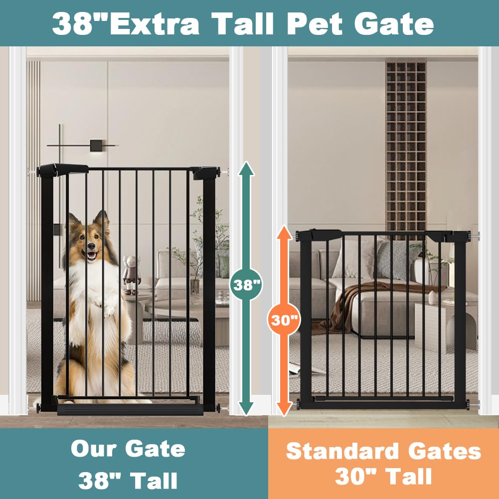 38.5" Extra Tall Dog Gate 79.13"-81.89" Wide - Long Large Pressure Mounted Baby Gates with Door for the House Stairs Doorway - Walk Through Toddler Puppy Pet Safety Fence Gate Black