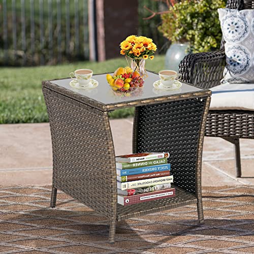 kinbor Outdoor Patio Side Table - Wicker PE Rattan Patio Table, Square Coffee Table with Glass Top and Storage, Outdoor Side/End Table for Deck Pool Garden Lawn Porch (Dark Blonde) - Thumbnail 7
