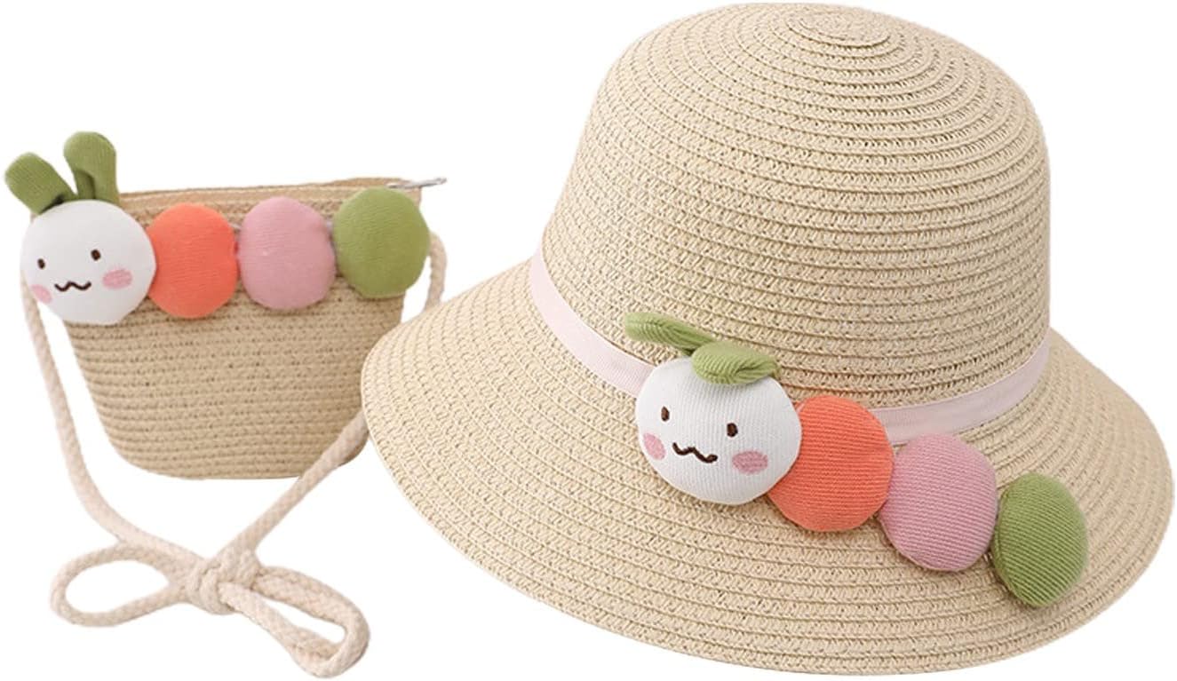 MAMUNU Straw Hat And Small Bag Set, Summer Sun Hat Girls Children's Straw Hat With Flower Decoration For Tourism Holiday Travel Beach Outdoor Activities, Style 02 Pink