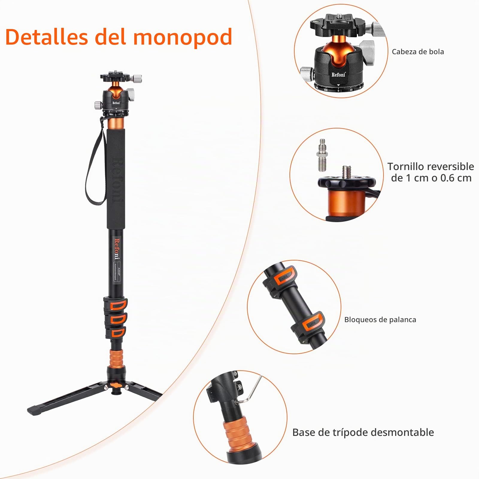 Monopié para cámara, Refoni A304P Monopié Compacto de Aluminio de 183 cm con Cabeza de Bola y Base de 3 Patas, para DSLR, una cámara sin Espejo, un telescopio y un Smartphone hasta 15 kg