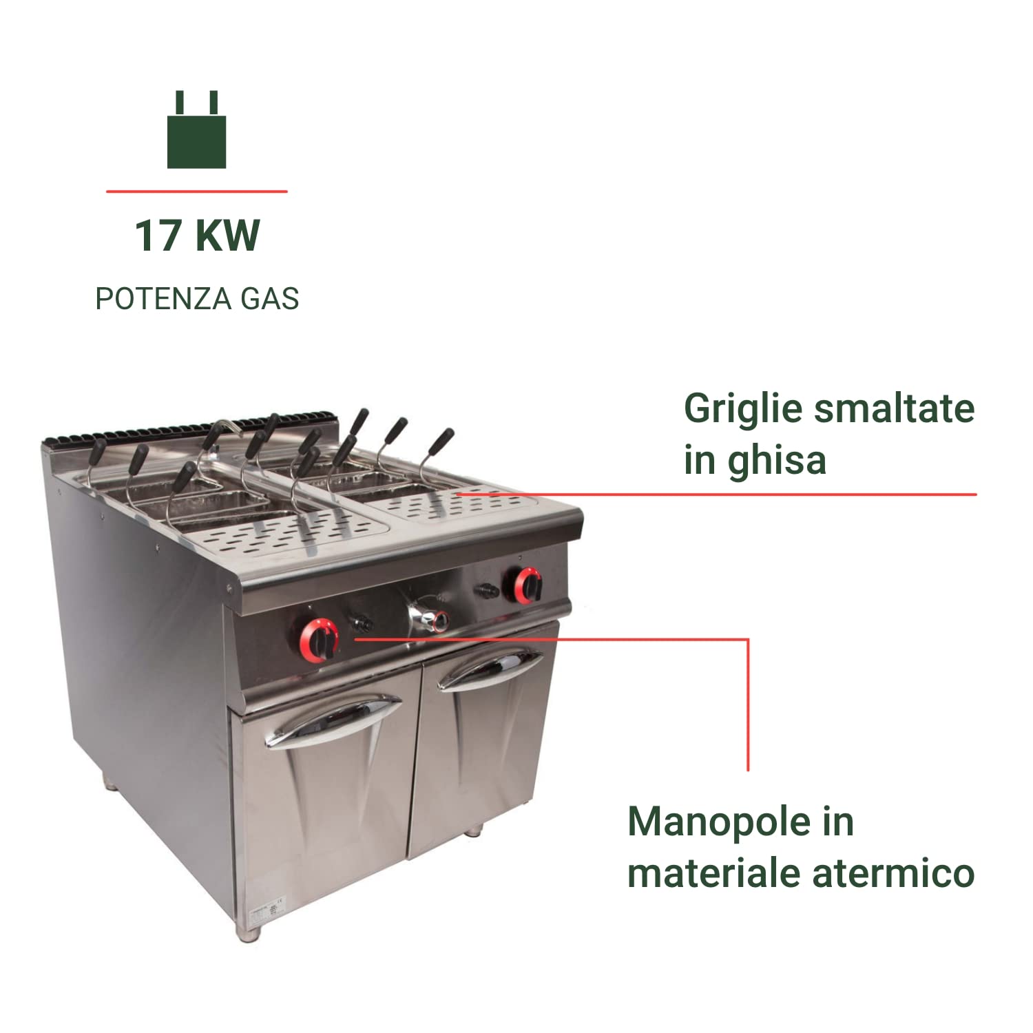 Ristoattrezzature Cuocipasta a Gas su Vano Chiuso - Acciaio Inox - 2 vasche - Capacità 27+27 litri S/90-80x90 cm