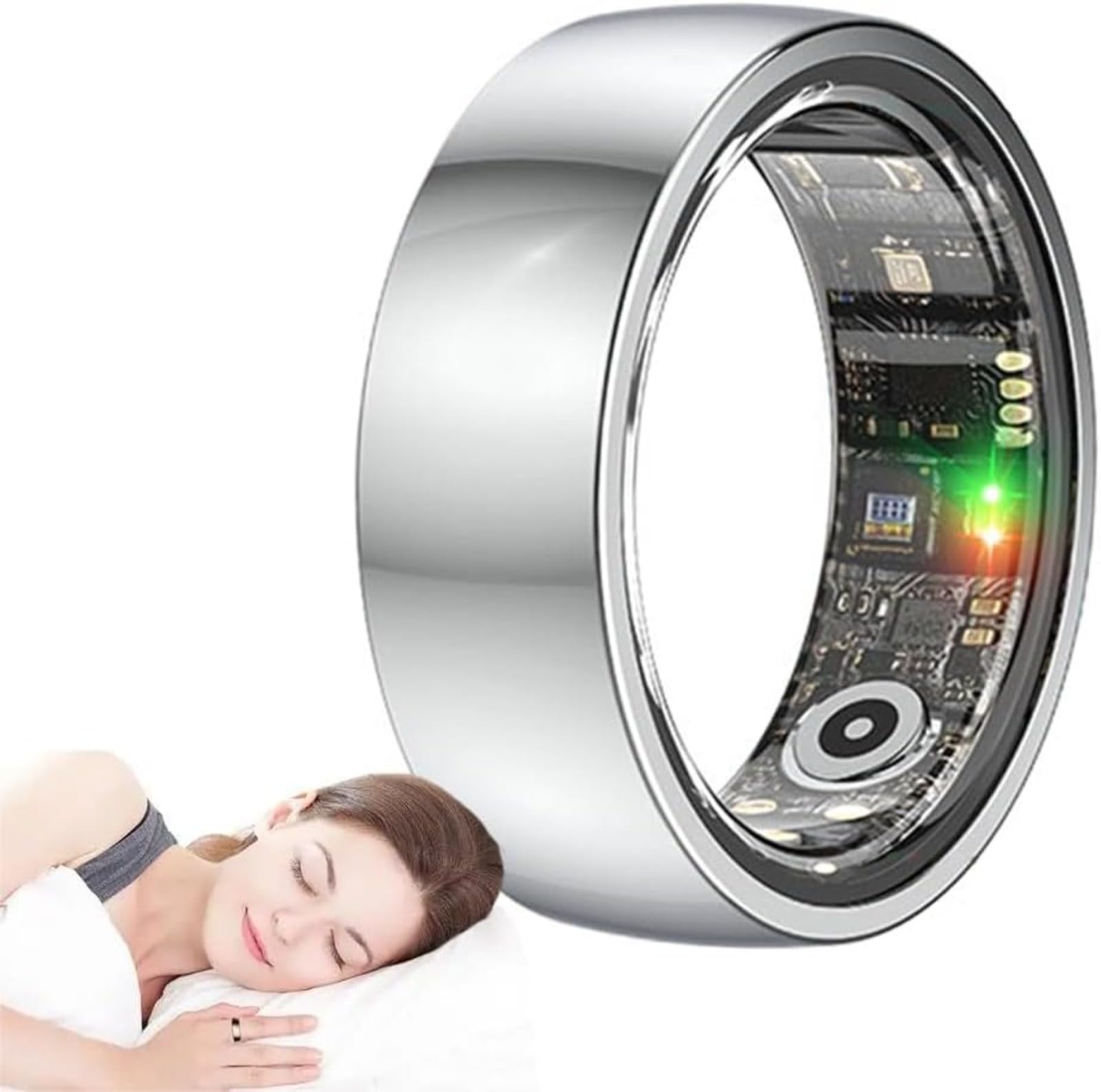 Bague Connectée Smart Ring – Suivi Sommeil, Cardio, SpO2, Sport – IP68 Étanche, 7-30 Jours Batterie (Argenté Taille 9)