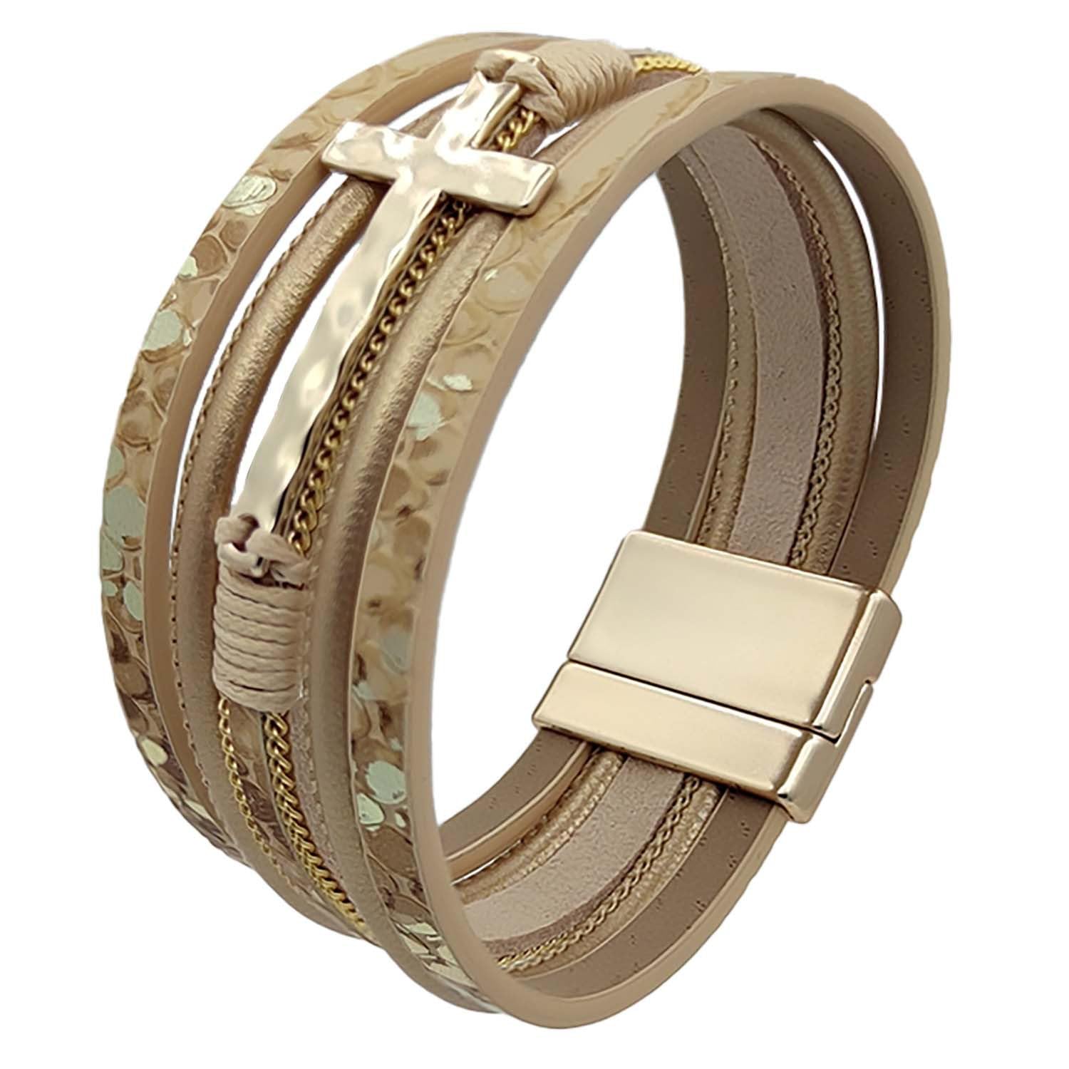 StyleJella Leather Wrap Bracelets for Women with Stainless Steel Cross and Double Charm Pendant - Trendy Multi-Layer Cuff Bangle Bracelets with Link,