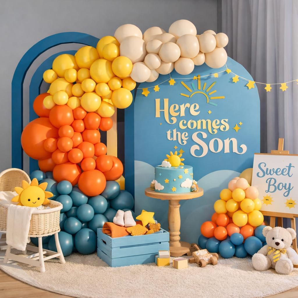 Here Comes the Son Balloon Arch Garland Kit 149pcs for Retro Sun Baby Shower First Trip Around the Sun Sunshine Theme Birthday Kids Groovy Boho Party Backdrop Decoration (Slate Blue) - Image 2