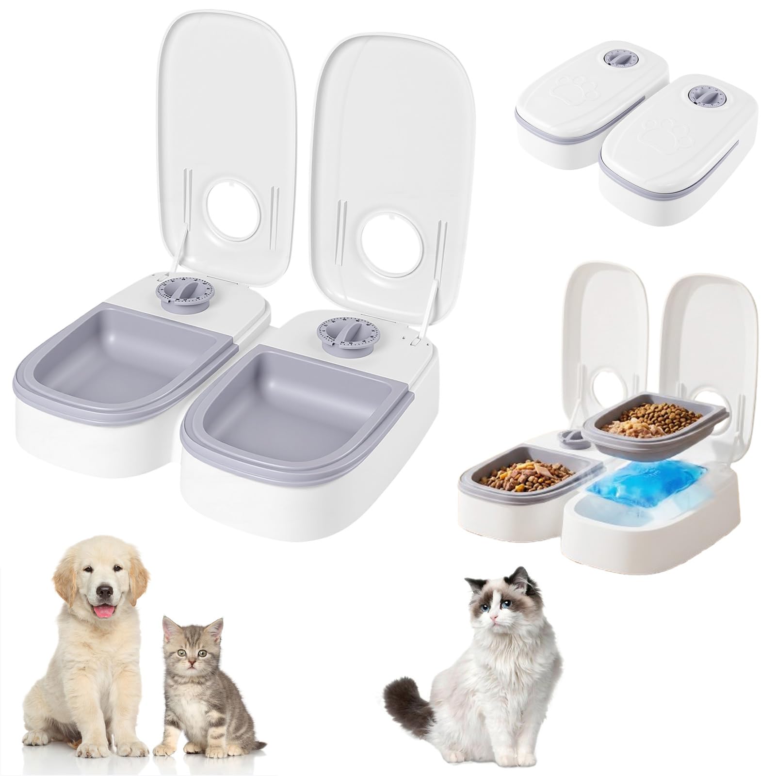 Timed Automatic Cat Feeder with Dual 350ml Bowl, 2 Meals Dry and Wet Pet Food Dispenser, Meals up to 700g Capacity, Multi Pet Automatic Cat Feeder, Pet Feeding Station for Cats and Small Dogs, White