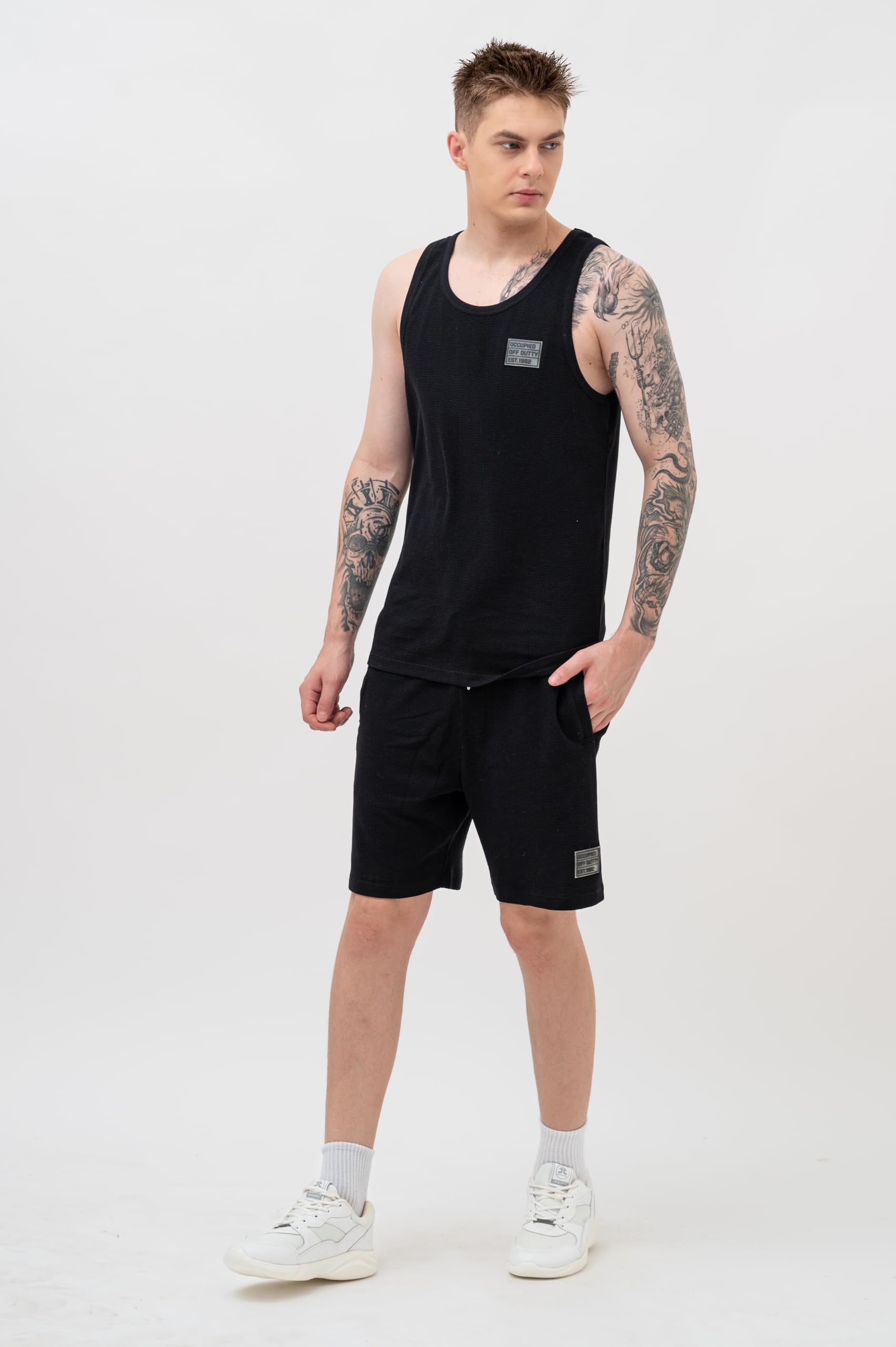 OCCUPIED CLOTHING CO. Men's Black Tank T-Shirt & Shorts Co Ord Set | Premium Cotton Fabric | Quick-Dry, Anti-Fading for Travel & Daily Casual Wear 4
