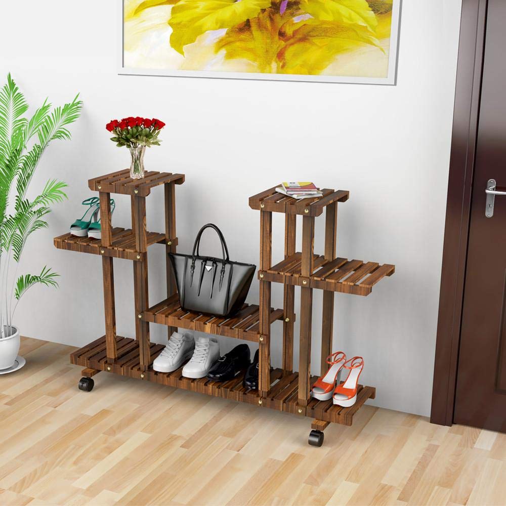 Yaheetech Étagère à Plantes en Bois avec Roulettes pour Balcon Marron Foncé 124 x 33 x 80 cm