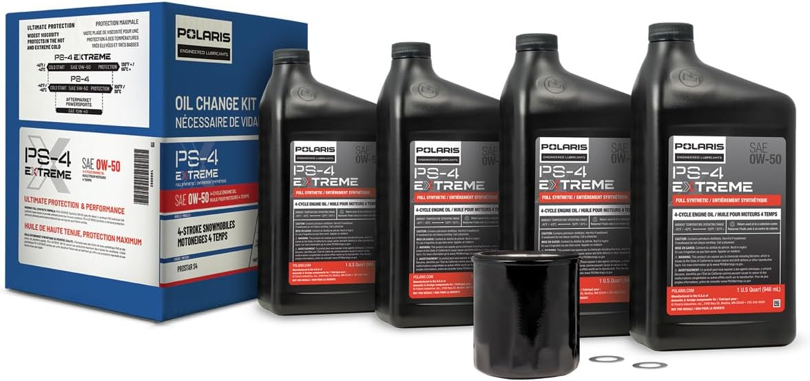 Polaris Snowmobile Oil Change Kit for 4 Stroke Snowmobiles with ProStar S4 Engine, Includes 4 Quarts of PS-4 EXTREME 0W-50 Full Synthetic Oil, 1 Oil Filter, 2 Washers, for Sled Maintenance - 2890884
