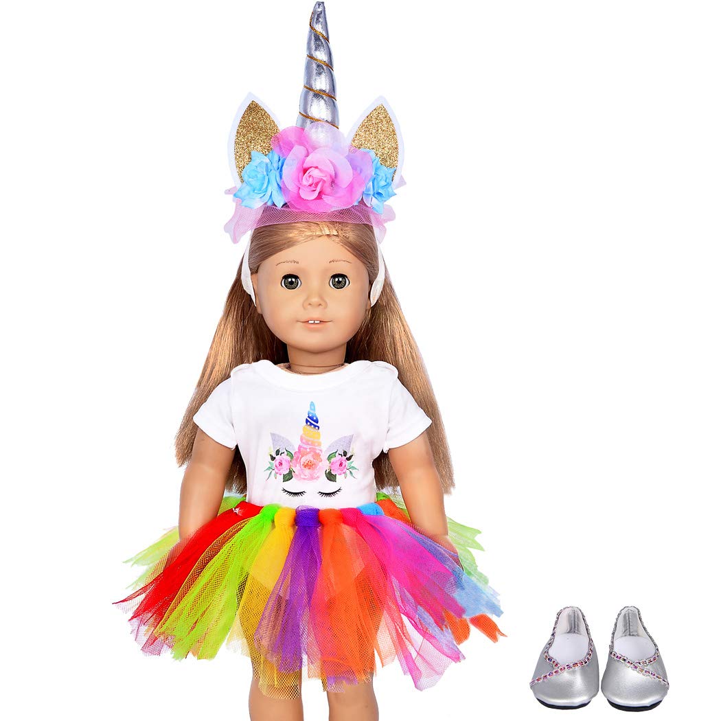 4pc/Set Dolls Unicorn Clothes, Headband, Tutu, Shoes for 18 inch Dolls Like American Girl, Journey Girl Dolls, Our Generation Dolls