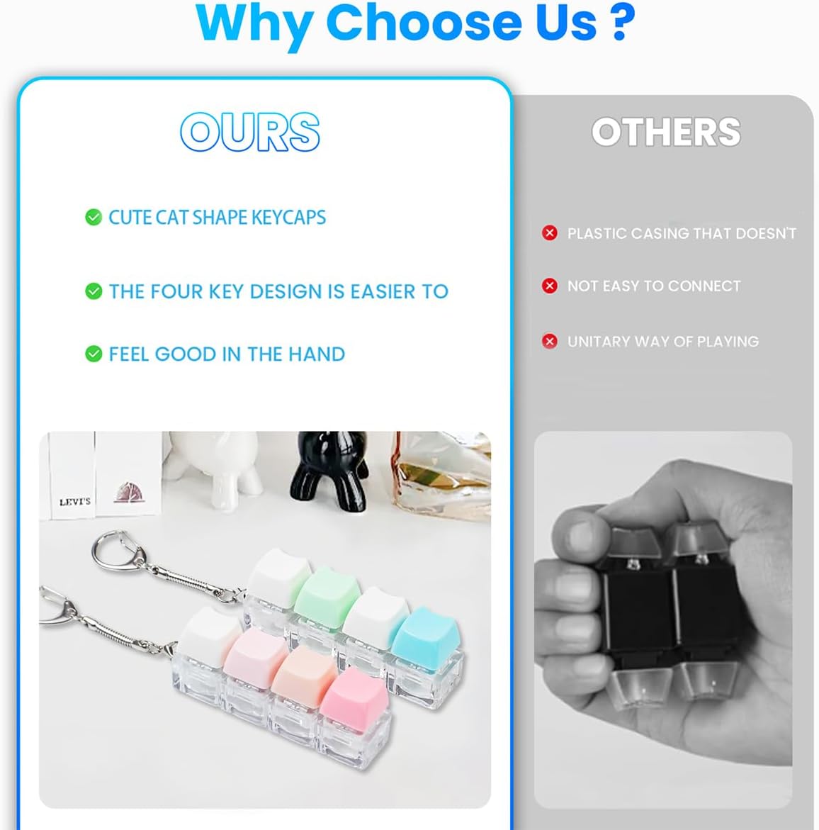 2 Pcs Keyboard Fidget Toy for Adult, Cute Cat Clicky Keyboard Fidget Clicker Keychain, Pink Blue Loud Key Button Stress Relief Fidget for Anxiety Decompression