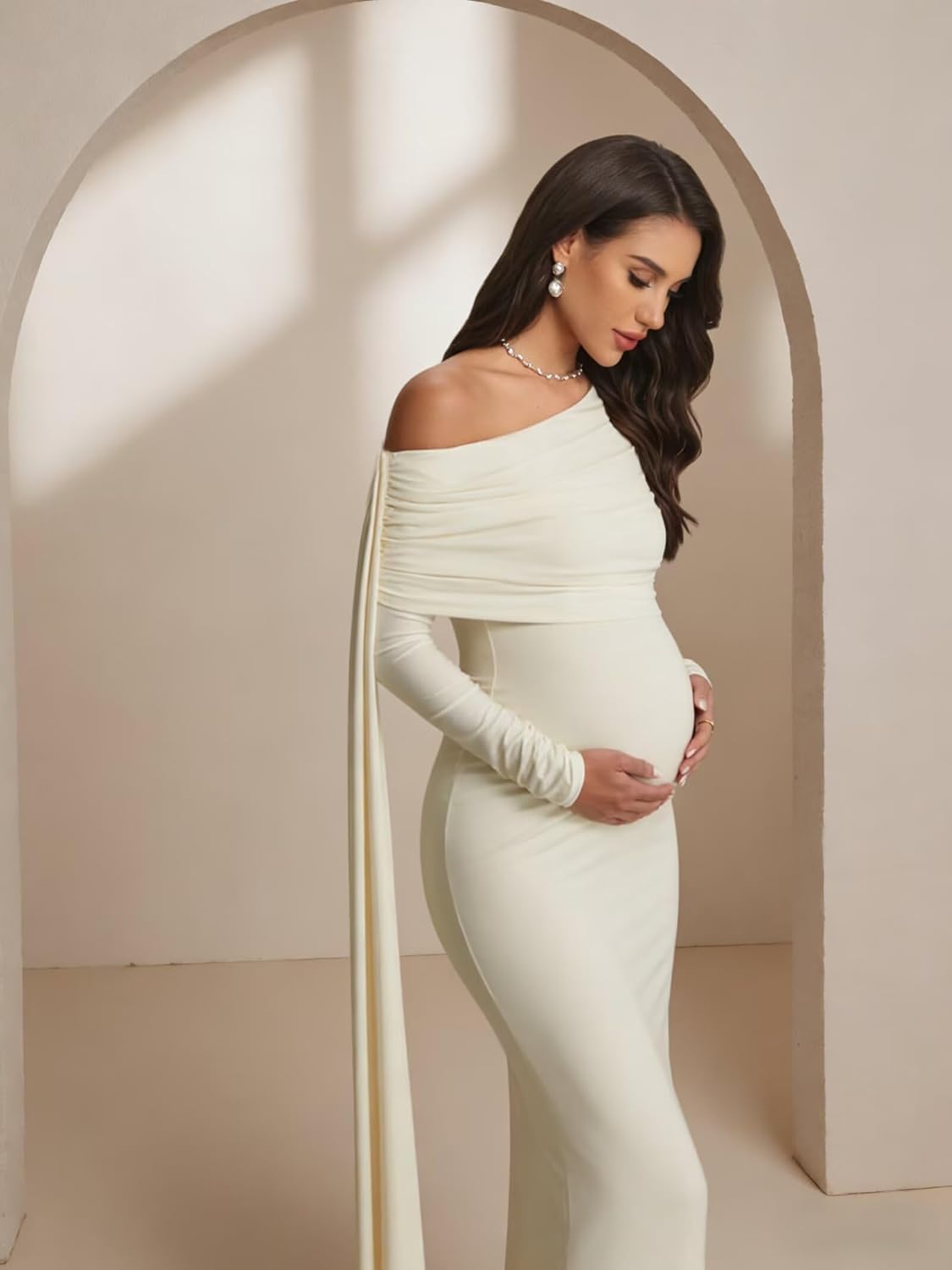 One Shoulder Maternity Dress for Photoshoot Mermaid Baby Shower Dress Long Sleeve Pregnancy Gown