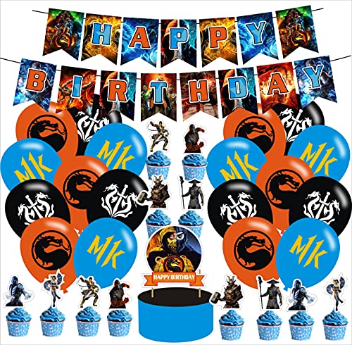 Mortal Kombat Party Supplies for Birthday Party Mortal Kombat Theme Happy Birthday Banner Cake Topper Gaming Latex Balloons for Mortal Kombat Party Favors Boys and girls Gamer Birthday Party Decorations