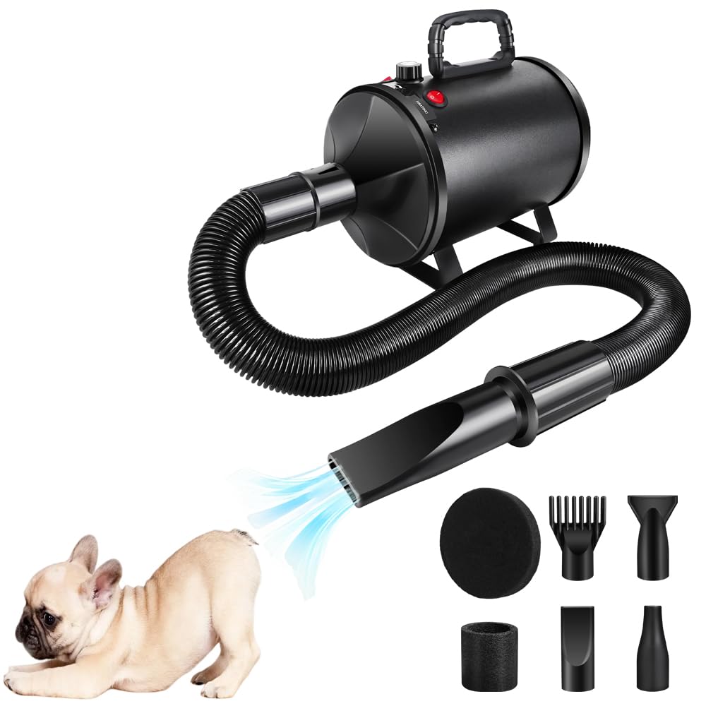 3500W Hundefön Blower Profi Haartrockner Sehr Leise Blower Hundefön Einstellbare Geschwindigkeit Gebläse mit 4 Düsen Pet Dryer Fön für Haustiere Trockner Hundetrockner für HunHaustier Hundepflegede