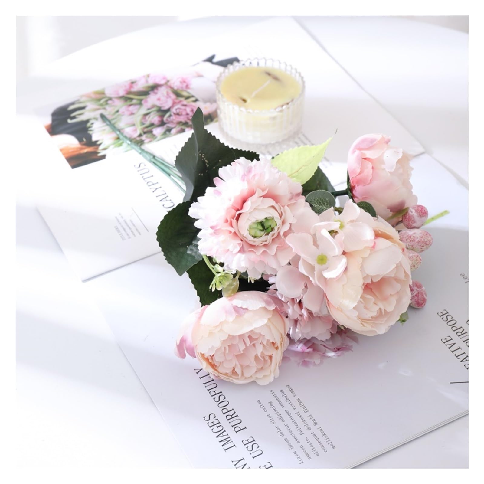 Gv8pA5fj7b Ready Arranged Flowers in Vase White Silk Rose Artificial Flowers Bouquet Wedding Home Decoration Fake Peony Flower Arrangement(E)