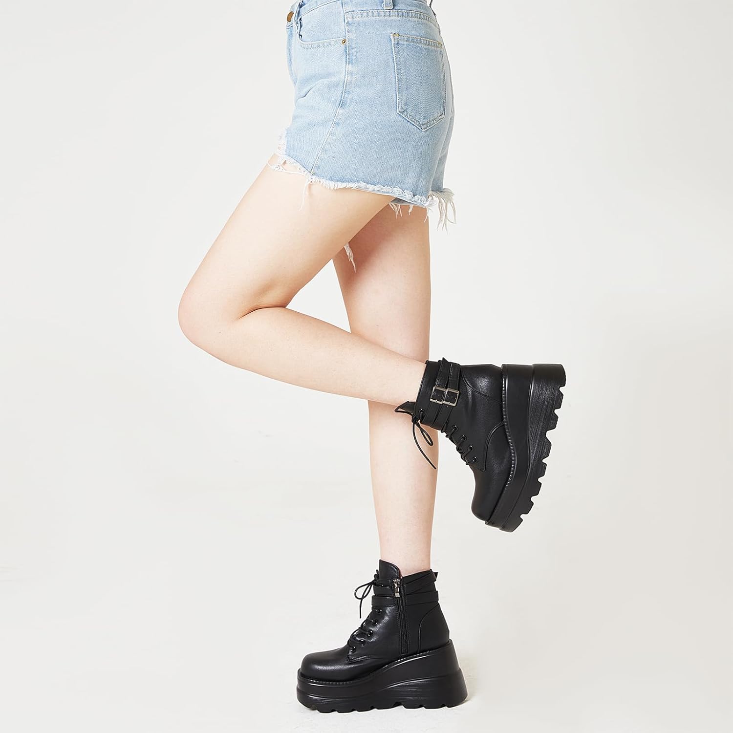 Tscoyuki Platform Ankle Boots for Women Chunky High Heel Booties Goth Round Toe Combat Boots Women Lace Up Motorcycle Wedges - Image 7