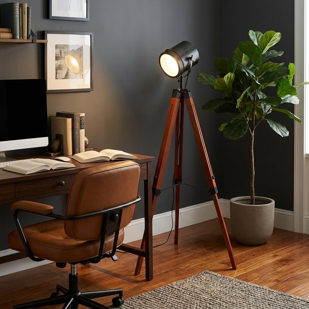 Alpinaluz Lámpara de Pie con Trípode de Madera Natural y Cabezal Negro Mate con Cristal Opaco, Altura Ajustable, Estilo Vintage Retro Cinema, Casquillo E27 para Salón y Dormitorio