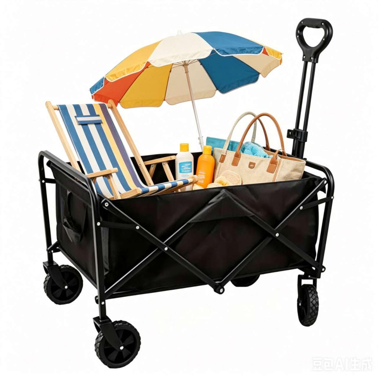 Carrito Plegable de Camping 160L, Carro de Mano Multiusos con Ruedas, Manillar Ajustable, para Playa, Compras, Picnic y Jardín. (Negro)