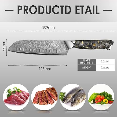 Miniatura 5 de KEENZO Cuchillo Santoku de Damasco de 7 pulgadas, cuchillo de chef afilado, juego de cuchillos de cocina profesional. Cuchillo de acero inoxidable