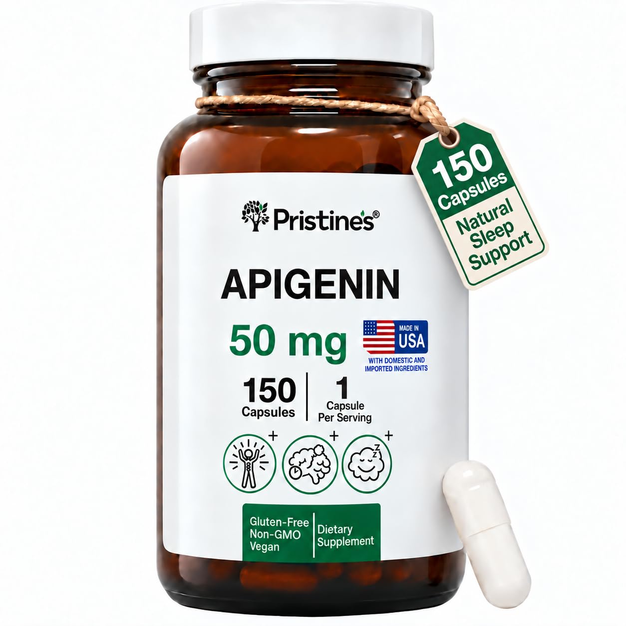 [BRSRAYAZBYCGM2Q4] PRISTINE'S Apigenin 50mg Capsules, Apigenin Supplement for Sleep Support