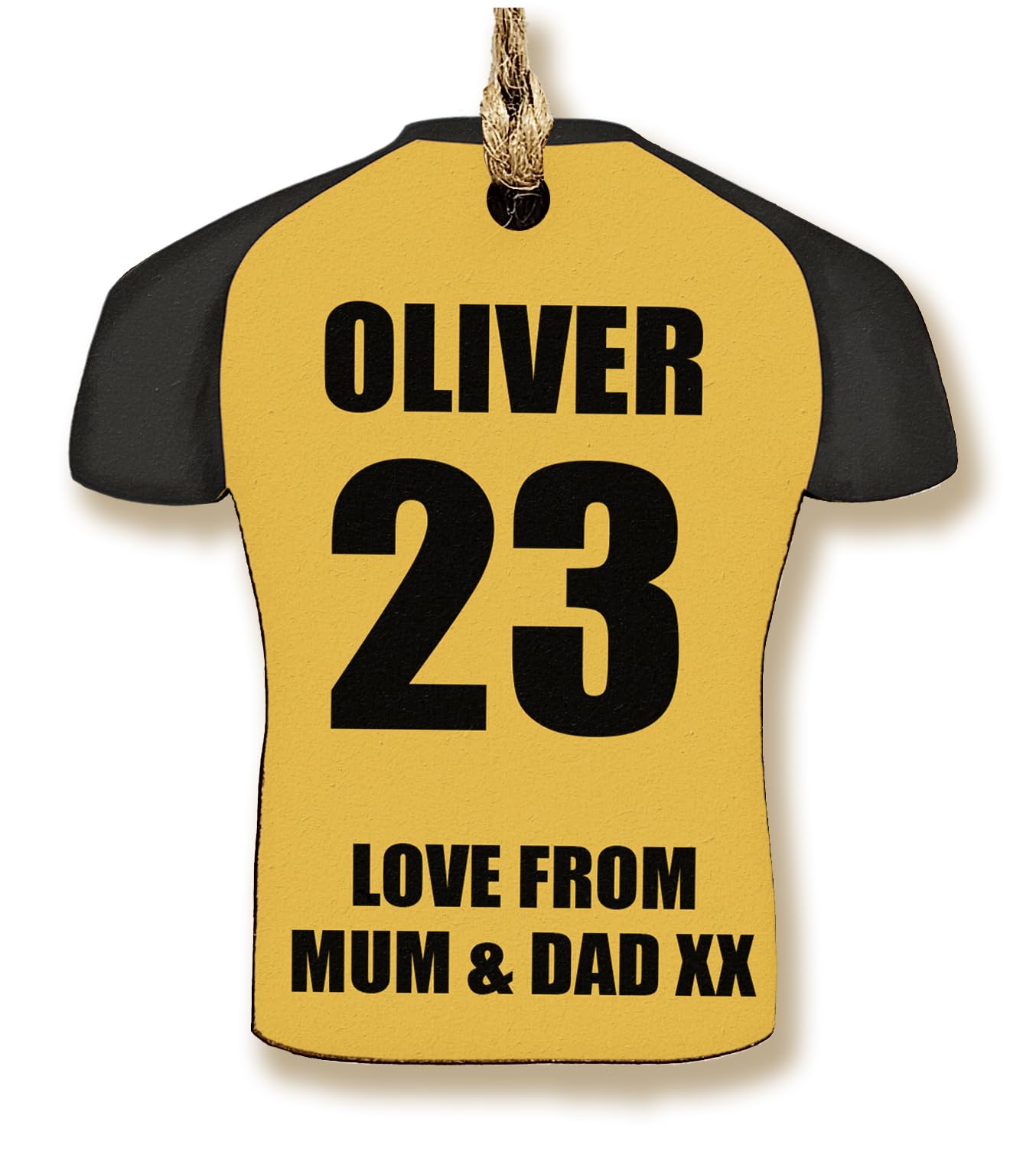The Plum Penguin Customisable Football Shirt-Shaped Gift Tag Personalised MDF Dad Grandad Keepsake Name and Number Team Colours Footy Fan (Yellow + Black)