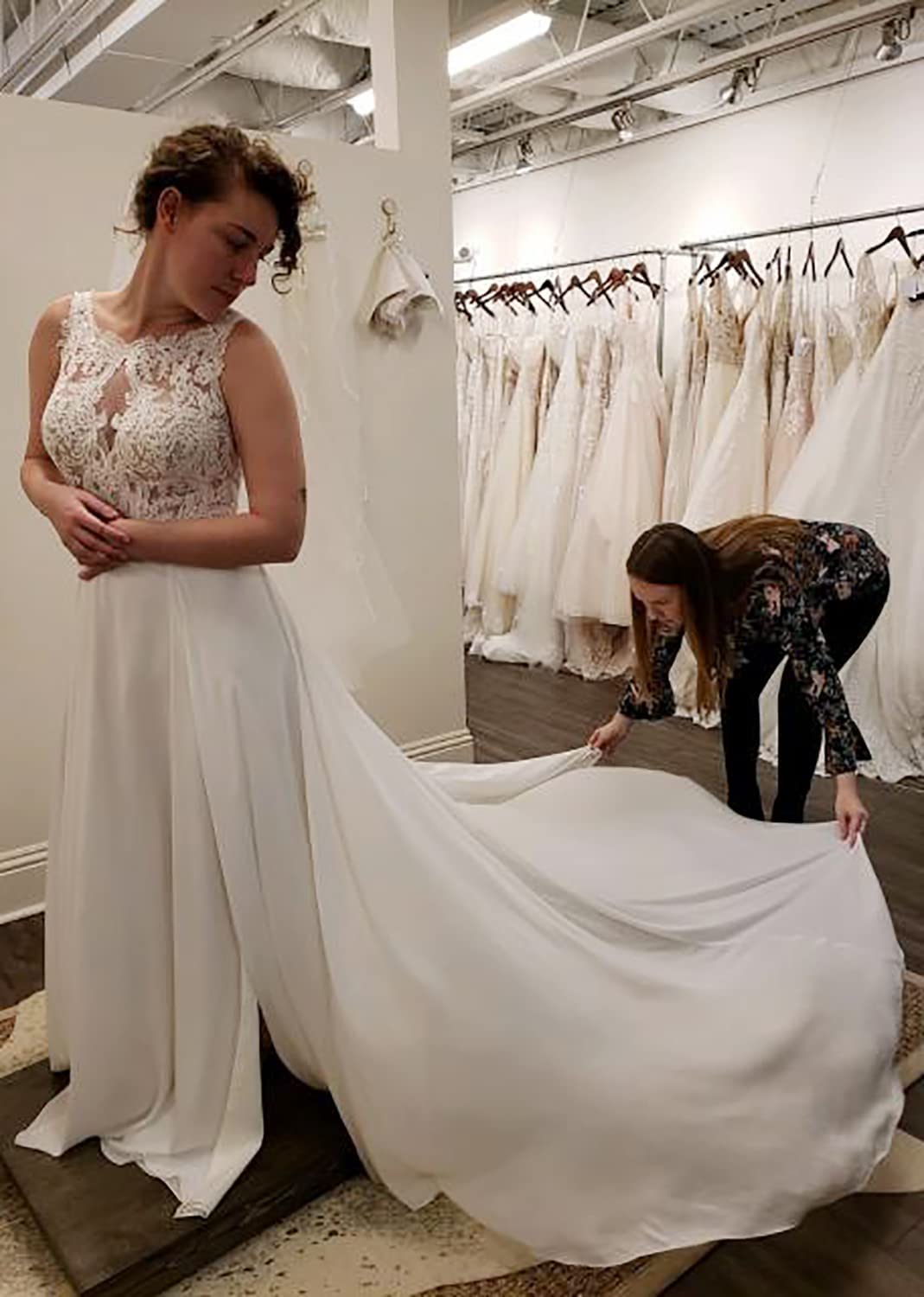 Spitze Hochzeitskleid Brautkleider A line Lang V-Ausschnitt Tüll Standesamt Brautmode Brautkleider