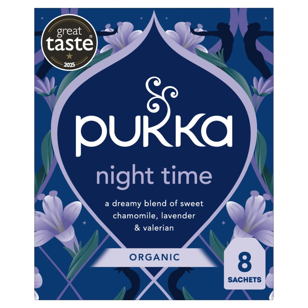 Pukka Night Time Organic Herbal Tea - 8 Biodegradable Tea Bags - Sleep Tea Box, Chamomile, Lavender, Oat Flower, and Limeflower - Natural For Bedtime Relaxation, Caffeine Free