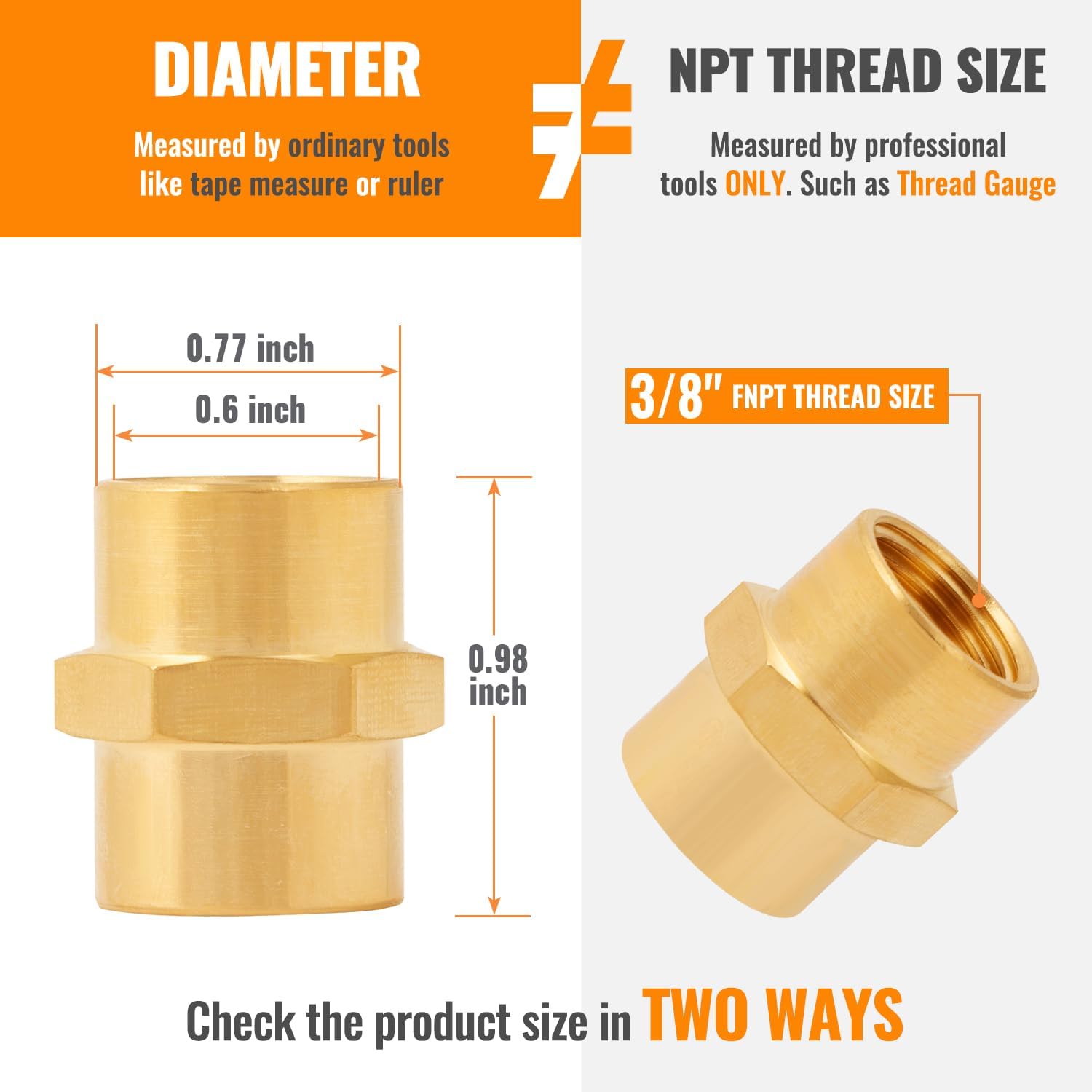 SUNGATOR 6-Pack 3/8 Inch Female Hex Couplings, 3/8'' NPT Female Brass Hex Nipple Adapters, 3/8'' Brass Pipe Extension Fittings for Air Line, Oil, Spigot, Gas