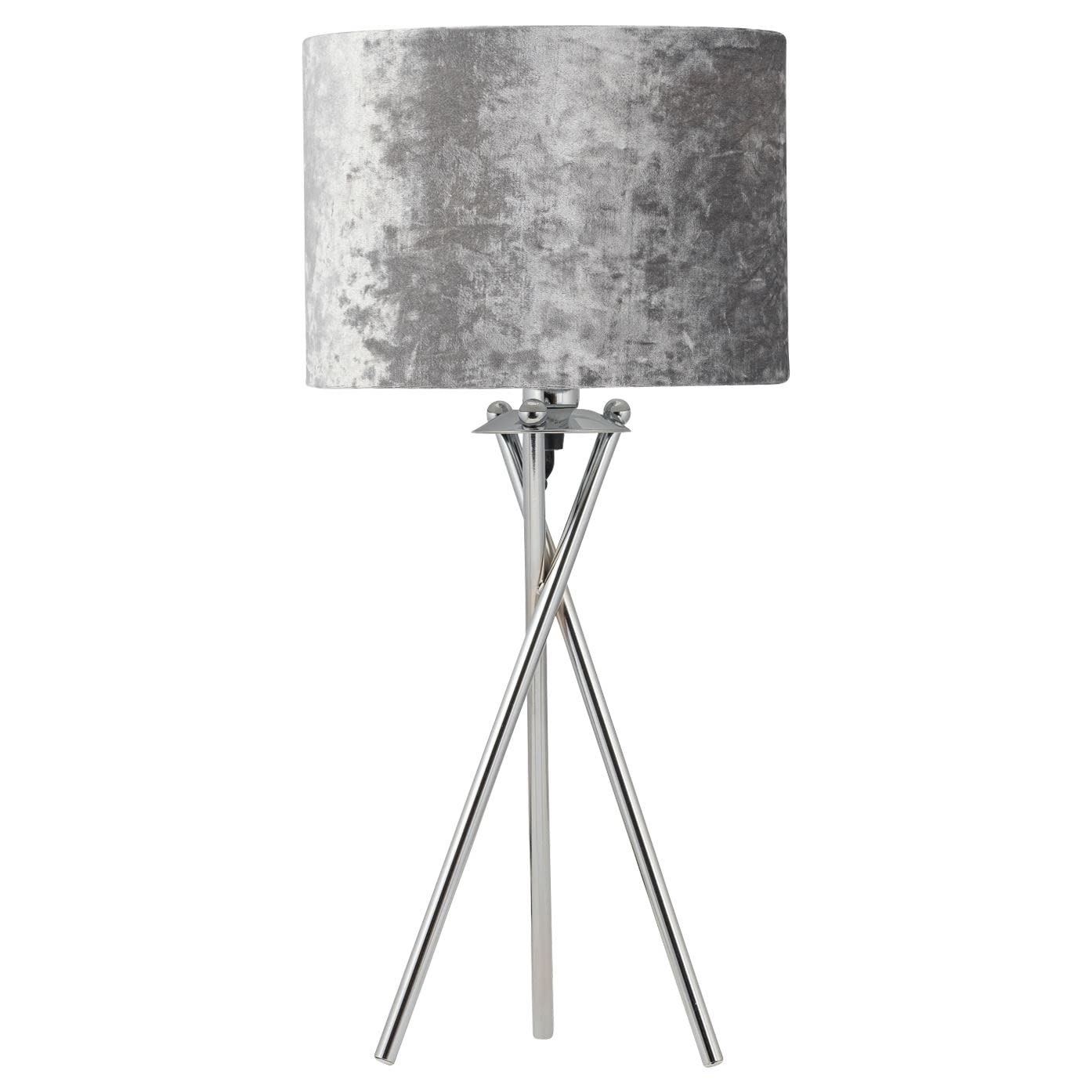 Firstchoicelighting Chrome & Grey Polished Chrome Tripod Table Lamp Or Bedside Light, Modern Design, Grey Crushed Velvet Shade, Height 52Cm, Led Compatible