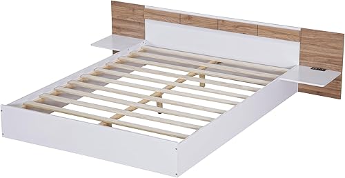 Miniatura 146 de Cama de plataforma de tamaño Queen con cabecero y cajones, marco de cama de plataforma de madera maciza con estantes, puertos USB y enchufes, marco
