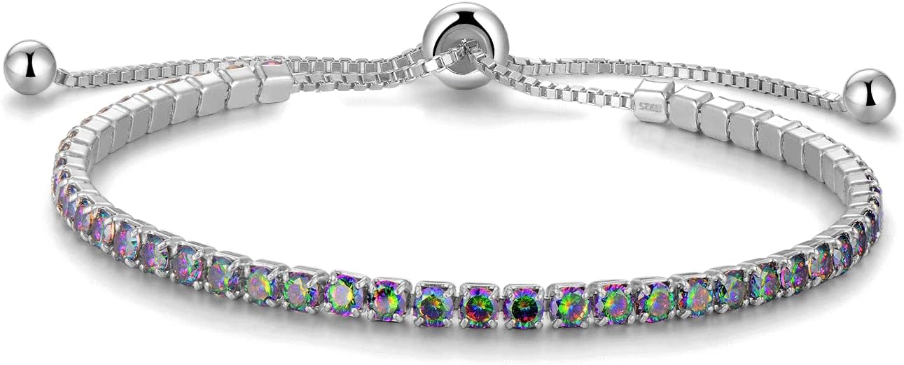 Valentines Day Gifts Sterling Silver Birthstone Tennis Bracelets for Women 2.5mm Tennis Bolo Bracelet Fashion Jewelry Birthday Gifts for Women Mom Wife | Adjustable Size 9"