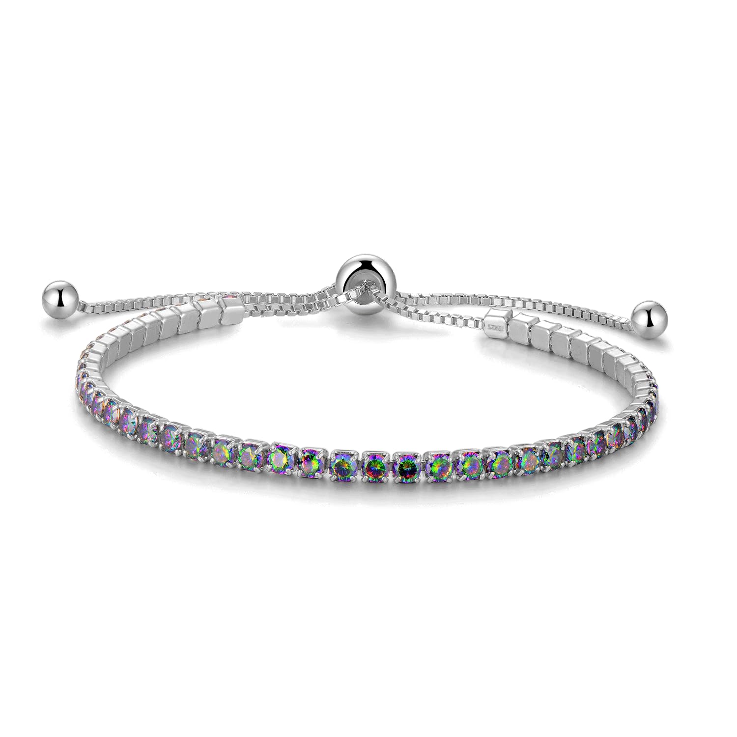 Cranmadia Sterling Silver Birthstone Tennis Bracelets for Women 2.5mm Tennis Bolo Bracelet Fashion Jewelry Birthday Gifts for Women Mom Wife | Adjustable Size 9"