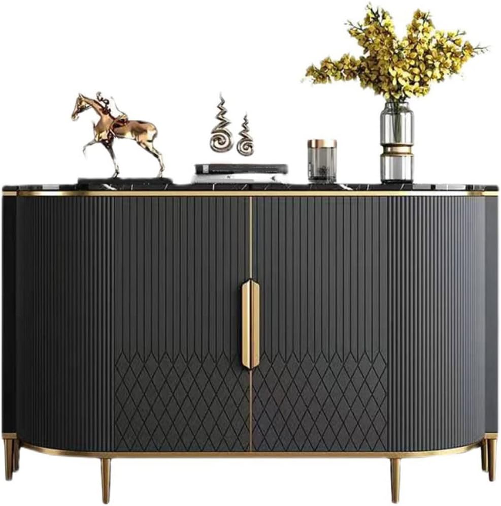 LITFAD Modern Marble Sideboard Wood Door Side Board with Cabinets Freestanding Entrance Cabine Decorative Cabinet for Kitchen Dining Living Room - Black&White 55" L x 16" W x 35" H