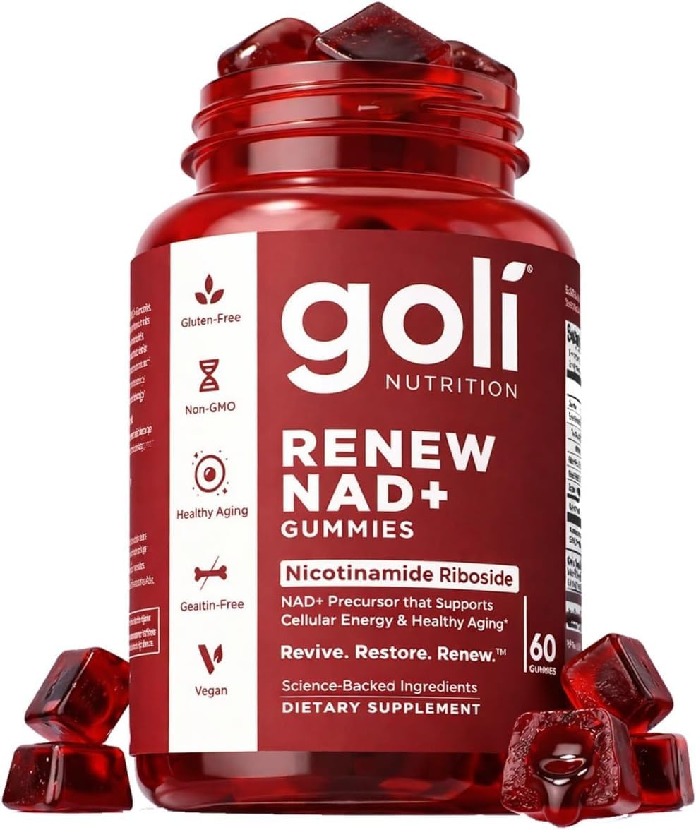 Goli World’s First Renew NAD+, 60 Count – Nicotinamide Riboside (NR) – Cellular Energy & Healthy Aging Support – Vegan, Non-GMO, Gelatin-Free Liquid-Center Gumm