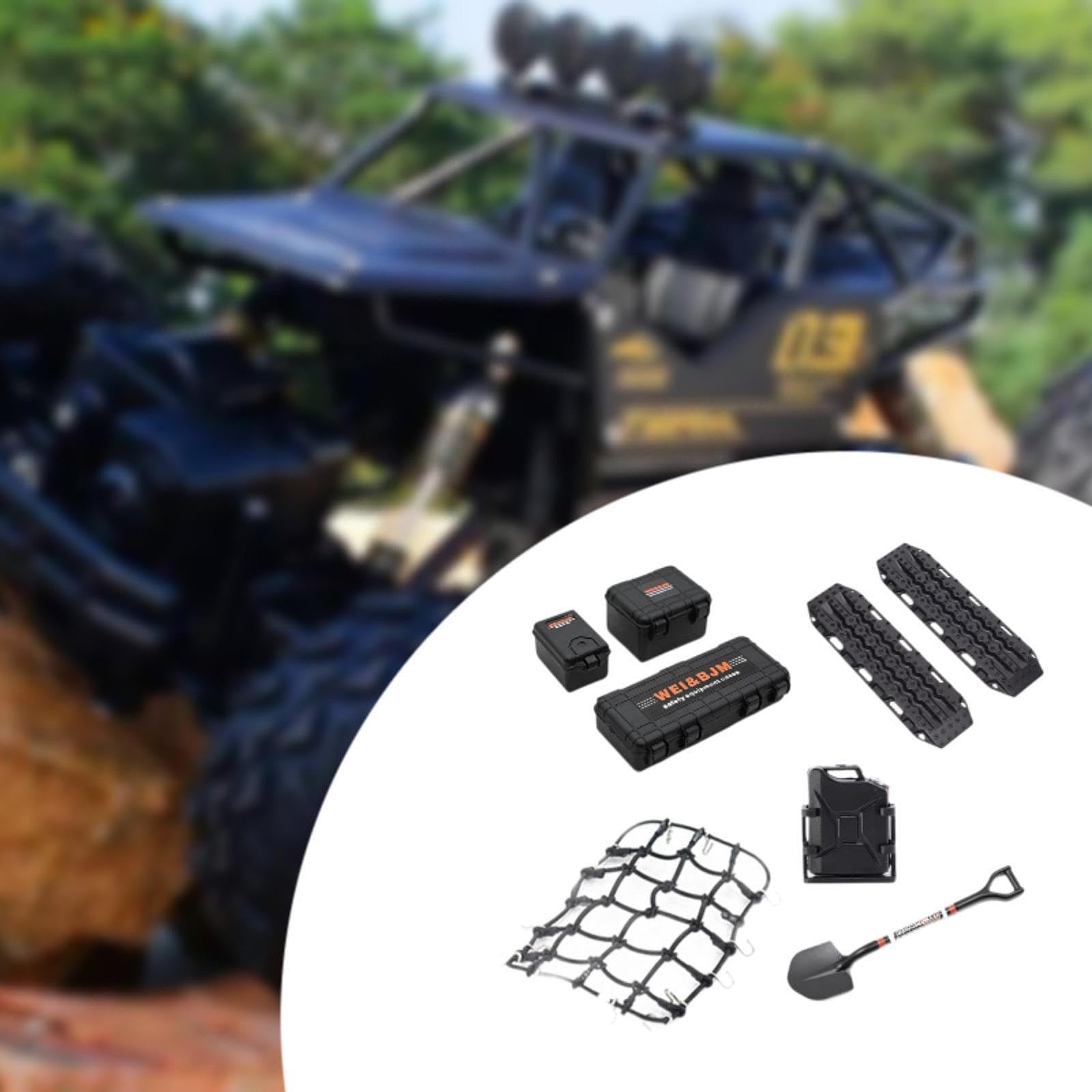 8 Piezas Accesorios para Coche RC Crawler 1 10 con Maletas Tanque de Combustible Red de Equipaje Placas Protectores Pala Simulación Detallada Y, Negro