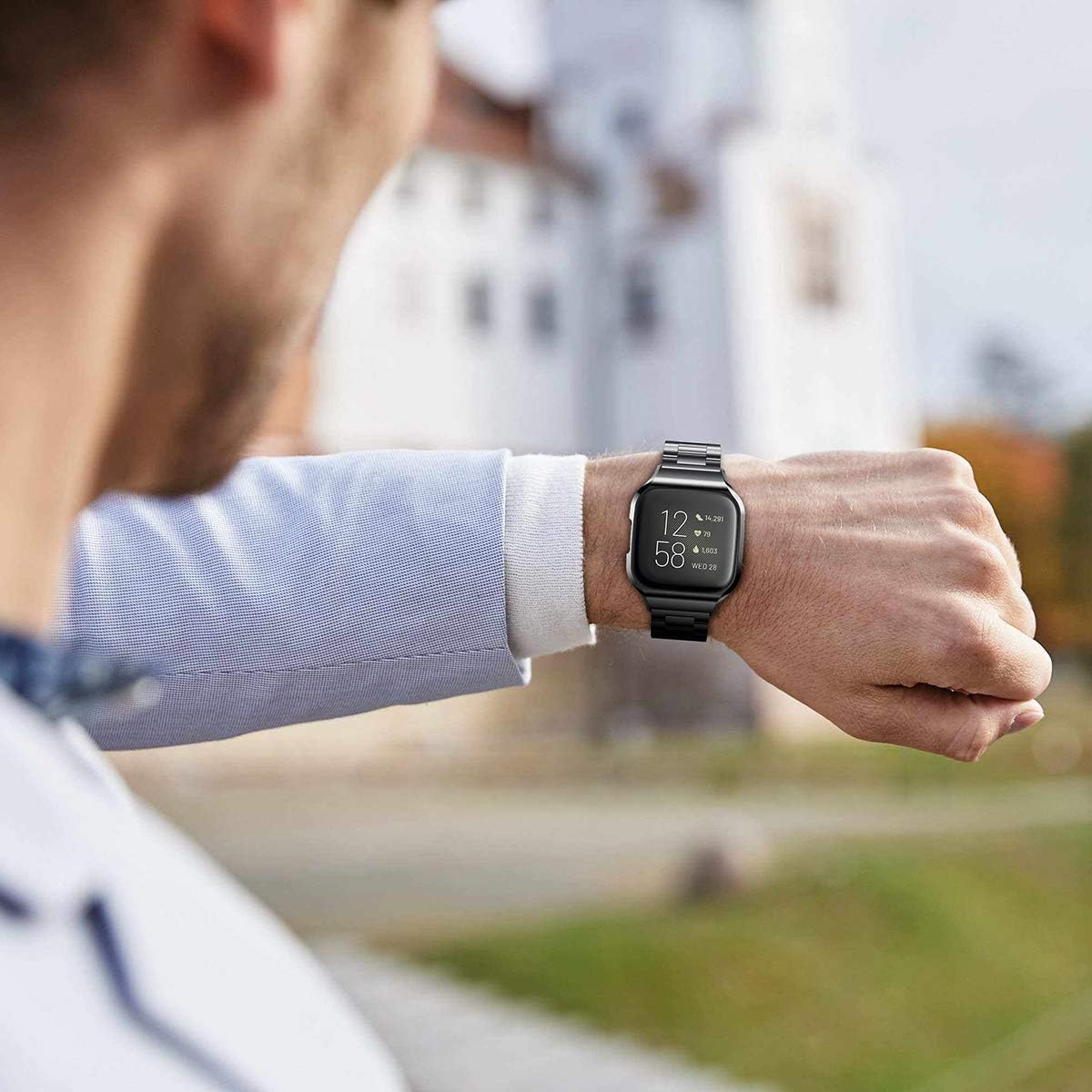 40% Off Discount T-ENGINE Compatible with Fitbit Versa 2 Bands Easy Installed, Stainless Steel Protective Case Bumper with Ultra Thin Bands for Men & Women