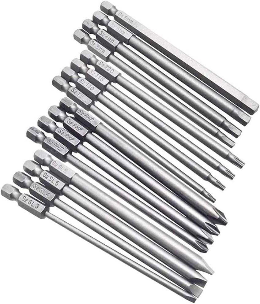 16pcs 1/4" Hex Shank (100mm/ 4 Inch) Long Magnetic Screwdriver Bits Set, Hex Head Allen Wrench, Torx Security, Cross Phillips & Flat Head Slotted Tip Bit