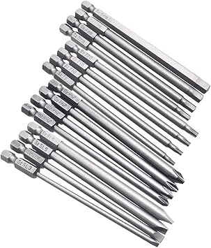16pcs 1/4" Hex Shank 100mm/ 4 Inch Long Magnetic Screwdriver Bits Set, Hex Head Allen Wrench, Torx Security, Cross Phillips & Flat Head Slotted Tip Bit