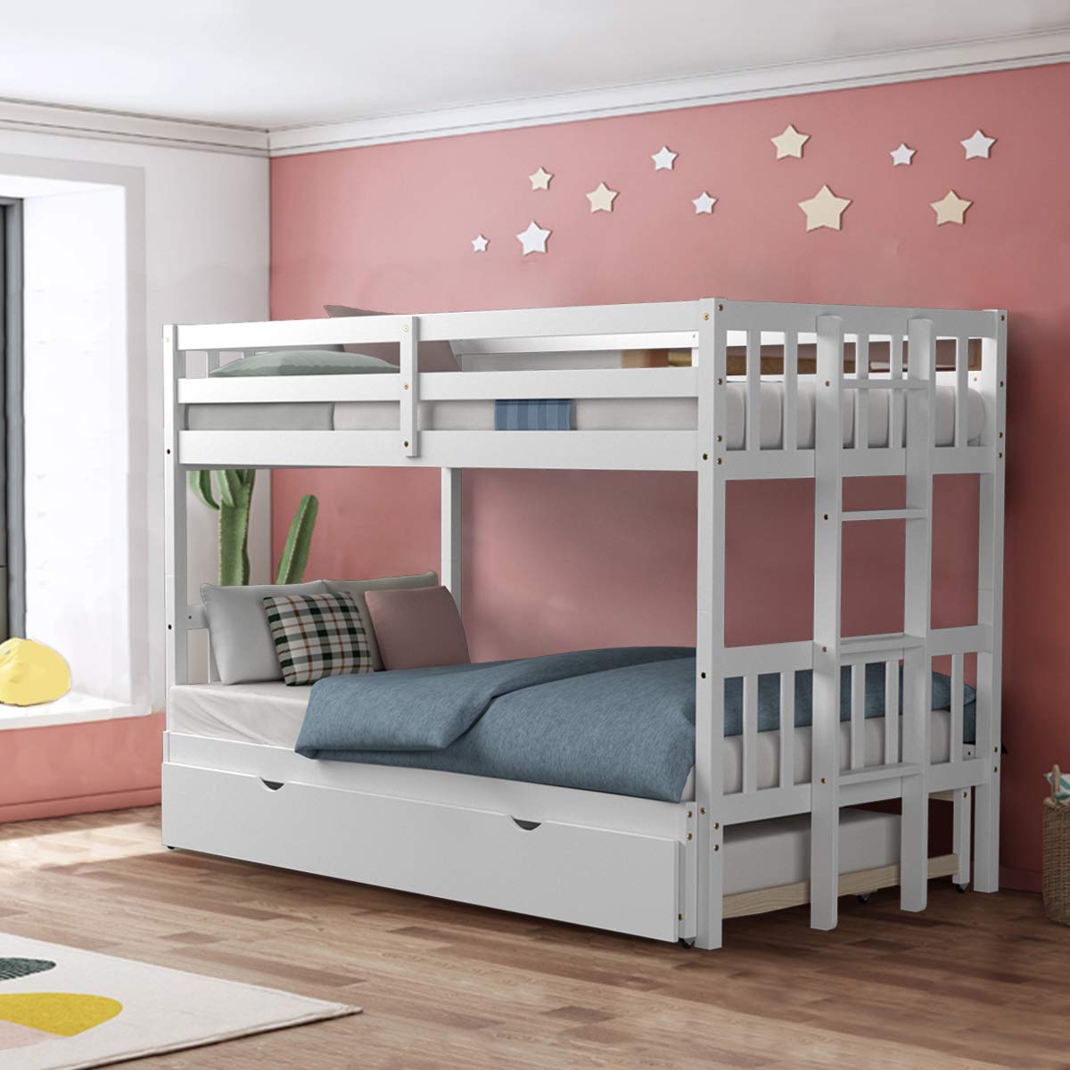 Giantex Twin Over PullOut Bunk Bed with Trundle, Solid Wood Bunk Bed