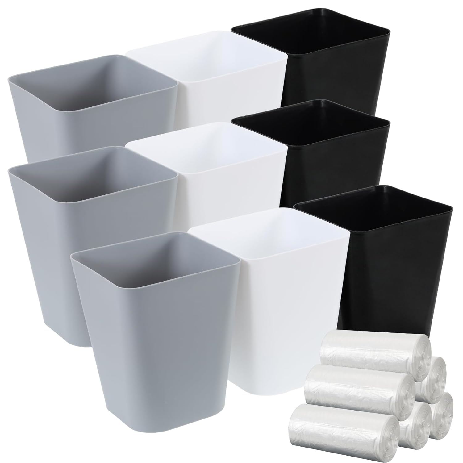 9 Pcs Trash Can with 90 pcs Bags 7.48x7.48x9.1 inches Plastic Garbage Can 2 Gallon Small Wastebasket for Office Bathroom Kitchen -3 Colors