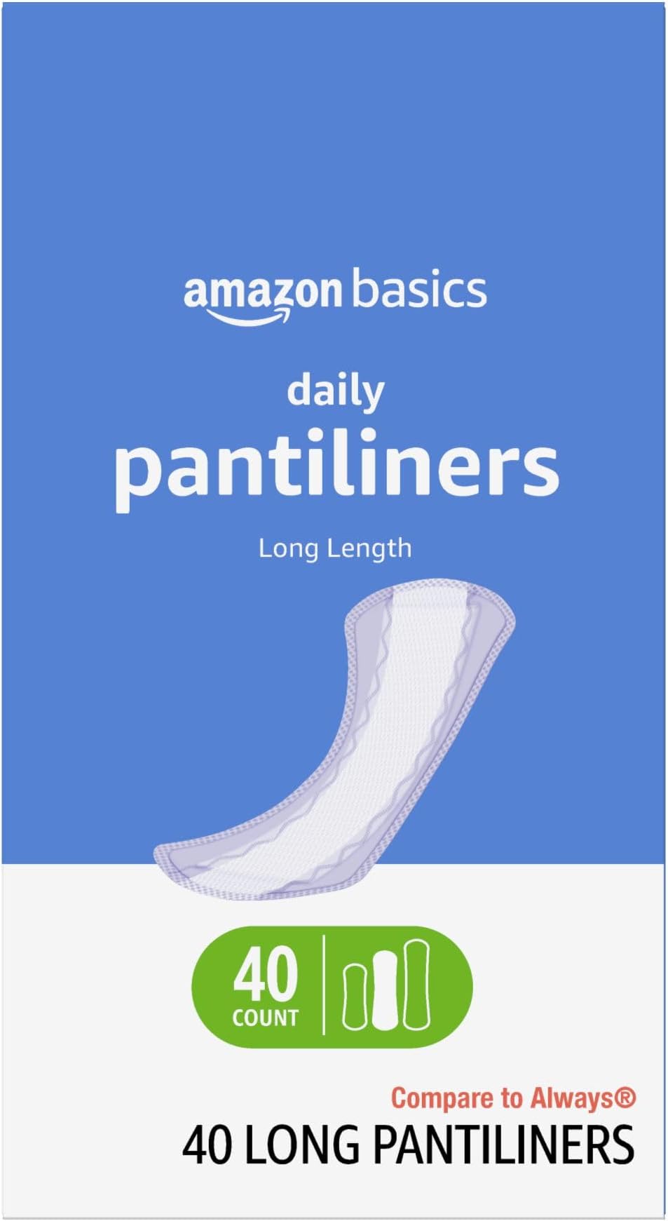 Amazon Basics Daily Pantiliner, Long Length, Feminine Pads for Women, Unscented, Leakage Protection, 40 Count (Previously Solimo)