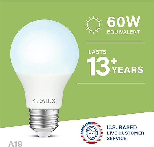 Miniatura 47 de Sigalux Bombilla LED A19 equivalente a 60 W, bombillas LED de luz diurna 5000K 800LM E26 base media, no regulables bombillas LED estándar de 9.5 W