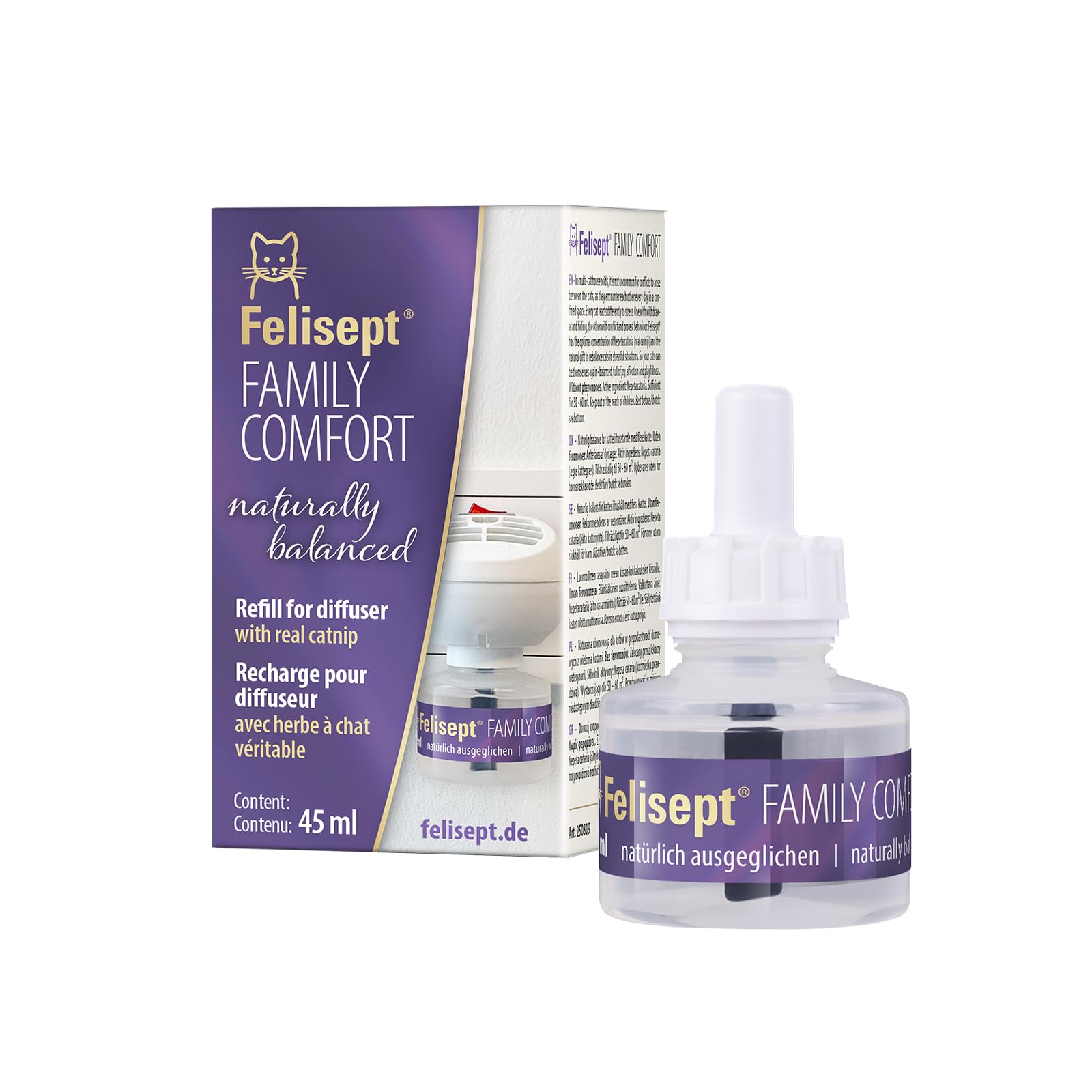 Felisept Family Comfort Recharge 45 ml - Anti-Conflit et Anti-Stress Pour Chat - Avec De L'Herbe À Chat Naturelle Sans Phéromones - Détente Dans Une Maison Multi-Chats
