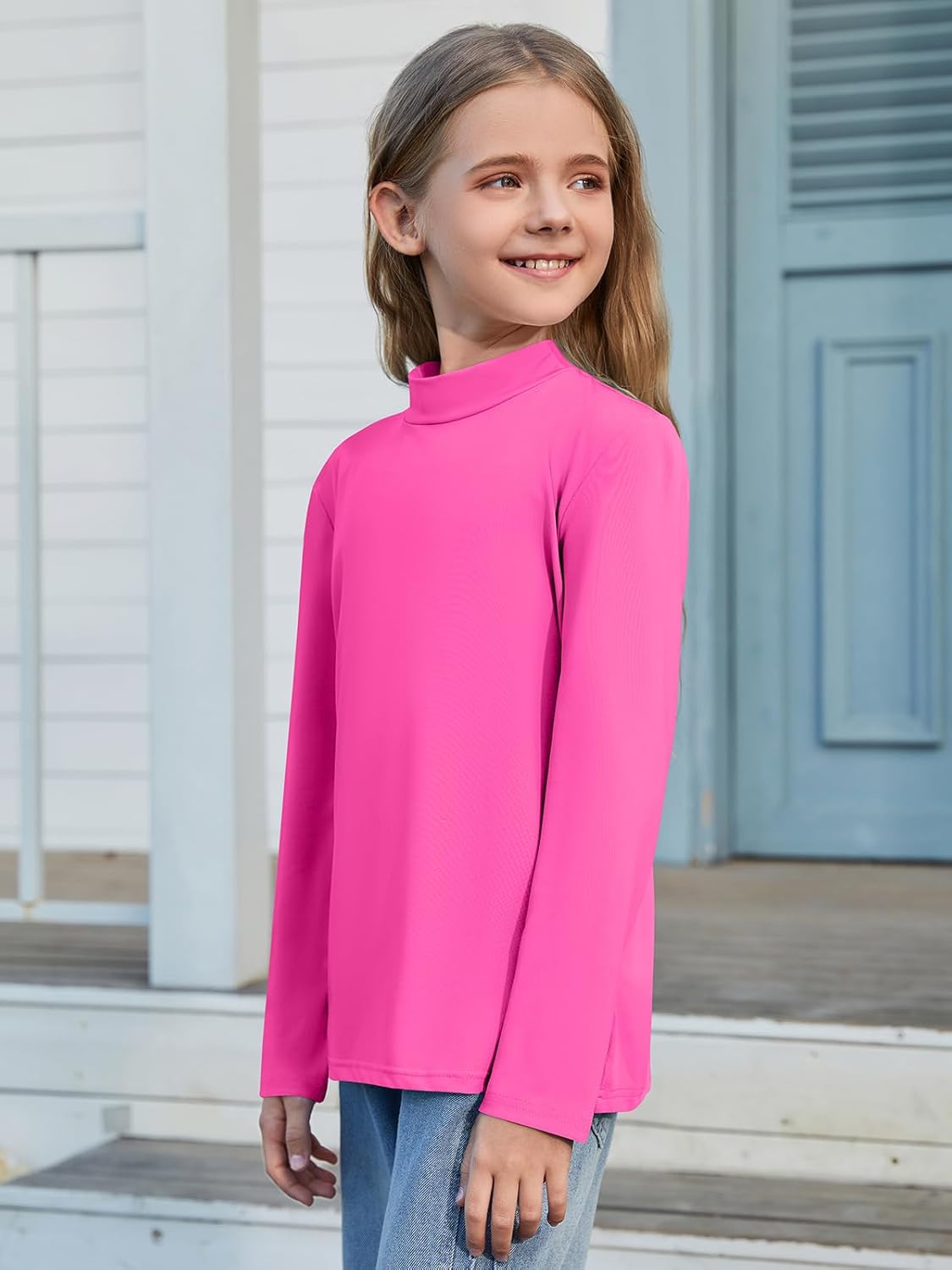 ZDC Mock Neck Girls Long Sleeve Athletic Shirts Kids Crewneck Workout Tops Basic Tees Activewear