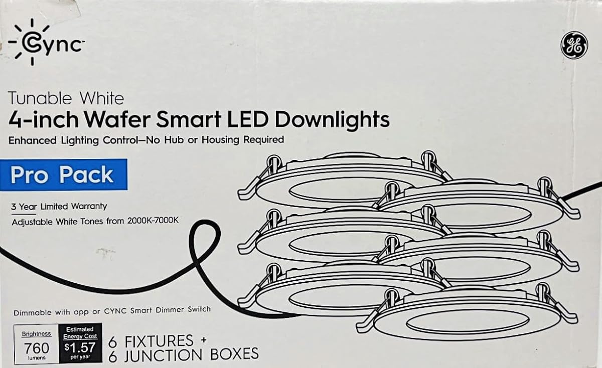(caja de 6) GE Lighting Cync Pro Pack Downlights LED inteligentes Wafer de 4 pulgadas, tonos blancos ajustables 2000-7000K, 760 lúmenes, no requiere concentrador ni carcasa, regulable con la aplicación Cync o el interruptor inteligente Cync