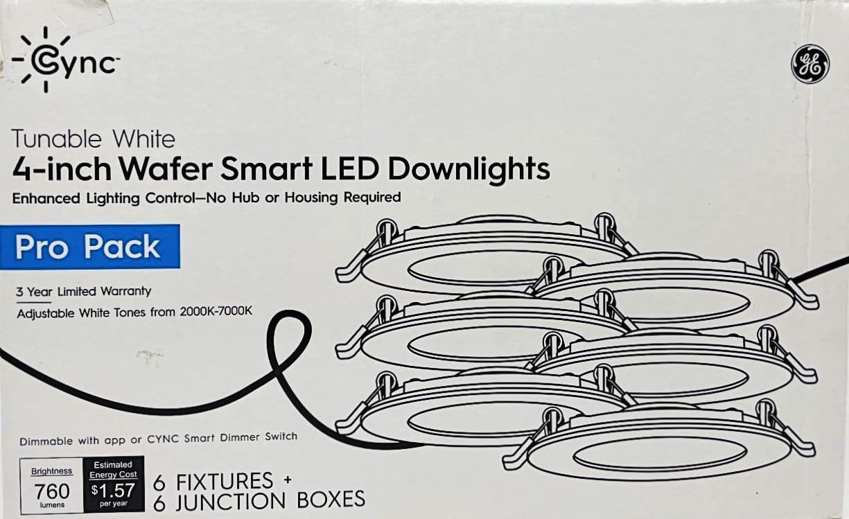 (case of 6) GE Lighting Cync Pro Pack 4 inch Wafer Smart LED Downlights, Adjustable White Tones 2000-7000K, 760 lumens, no hub or housing Required, Dimmable with Cync App or Cync Smart Switch