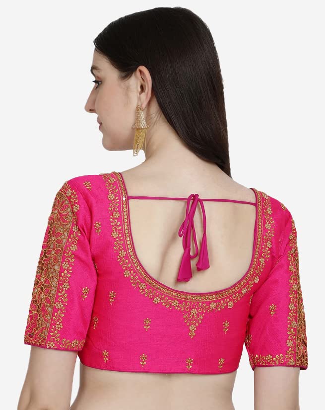 Pujia Mills Women's Silk Floral Half Sleeve Blouse (Gulab Rani_Rani_38)