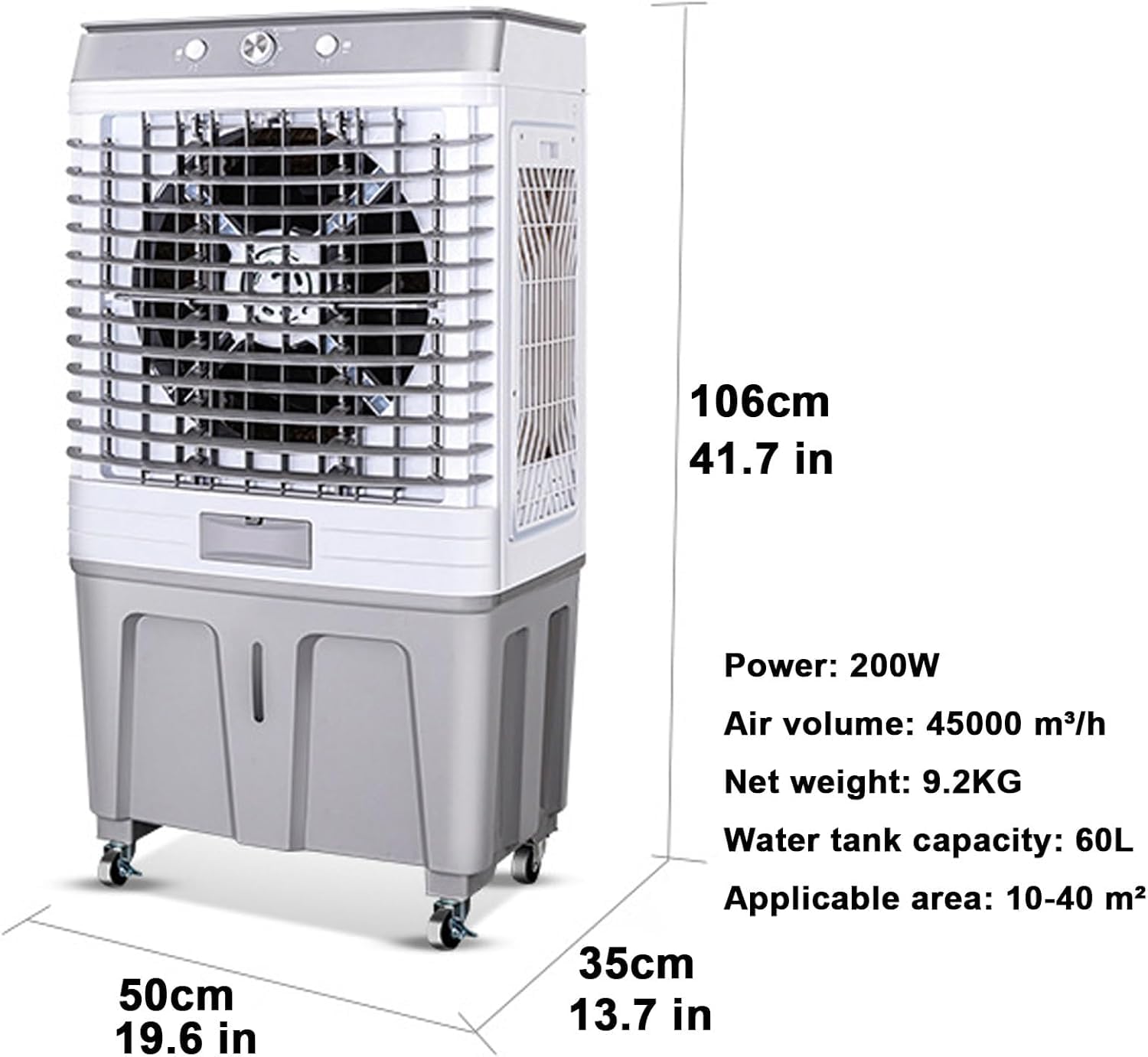 Enfriador de aire evaporativo, tanque de agua de 60 litros, oscilación de 120°, 3 modos y velocidades de viento, enfriador de pantano de alta potencia para uso comercial al aire libre