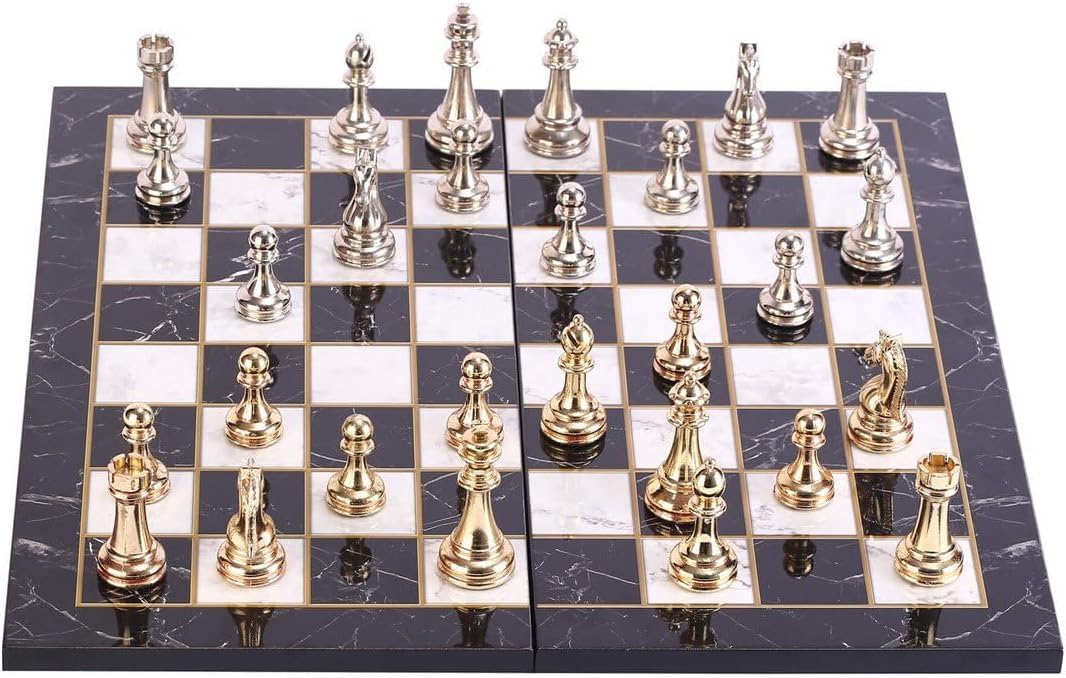 Classic Chess Set for Adults,Handmade Pieces and Marble Design Folding Wooden Chess Board King 2.96 inc